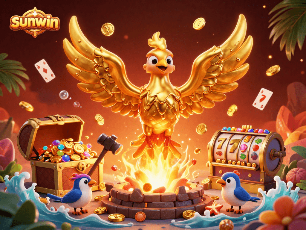 Engage with the sunwin 3D casino adventure featuring a molten golden phoenix, slot reels, and treasure.