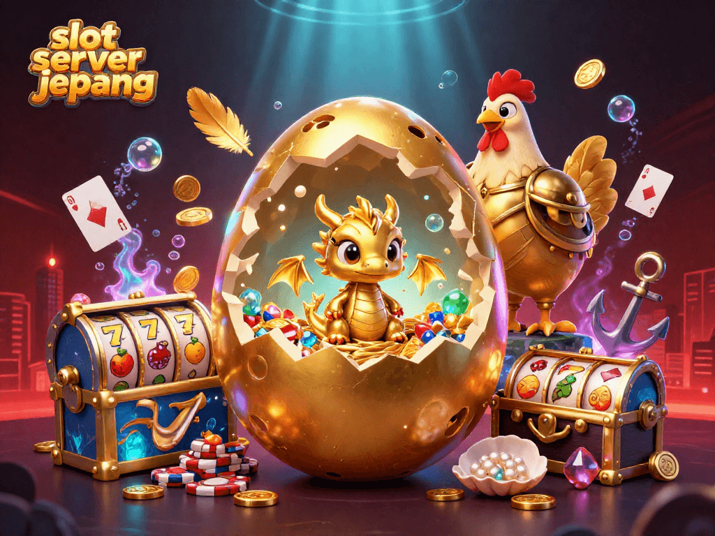 Engage with slot server jepang in an illustrated scene of a golden dragon and colorful gems.