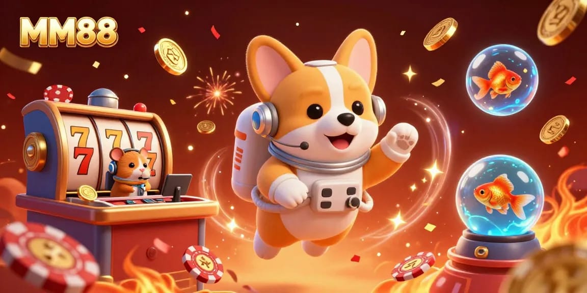 Join the excitement at MM88 with a floating astronaut corgi enjoying casino life and jackpots!