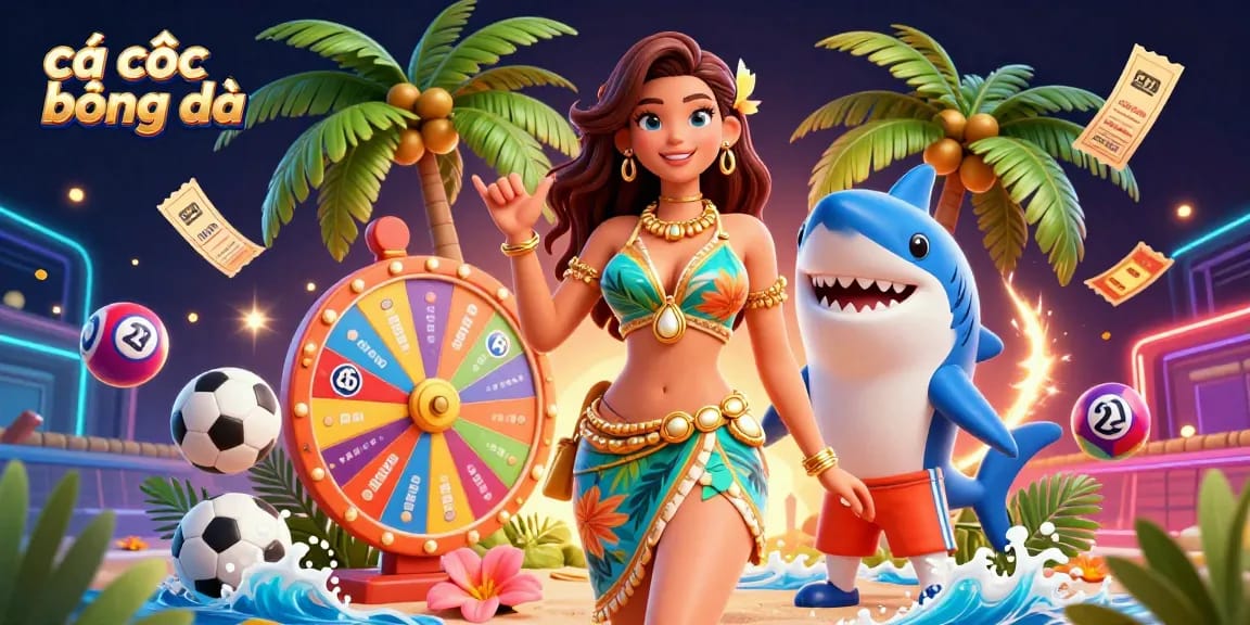 Cá cược bóng đá scene with vibrant characters, sports elements, and dynamic betting visuals.
