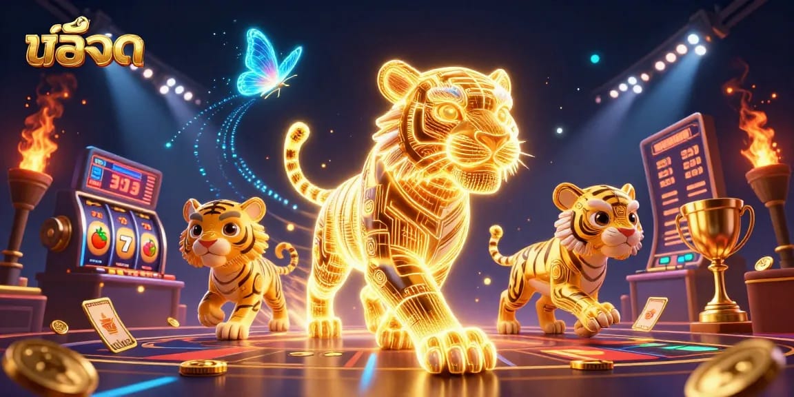 Experience สล็อต action with a golden tiger and captivating casino elements lighting up the scene.