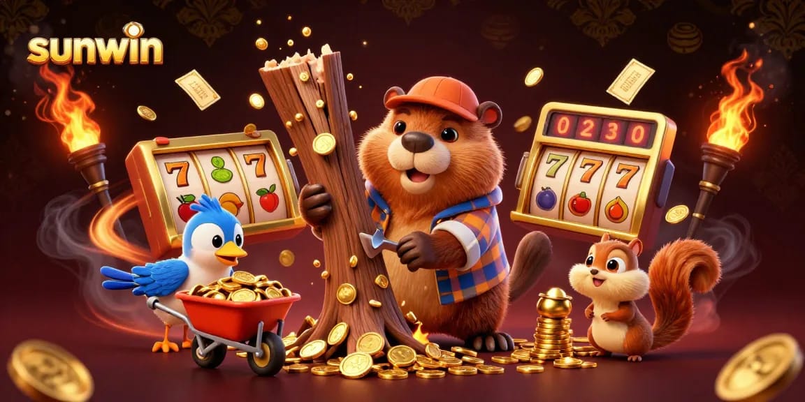 Engage with fun features at sunwin through a whimsical casino scene filled with gold and gameplay elements.