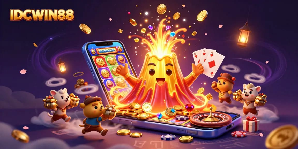 Play thrilling slot games with IDCWIN88, featuring gold coins erupting and dynamic casino items.