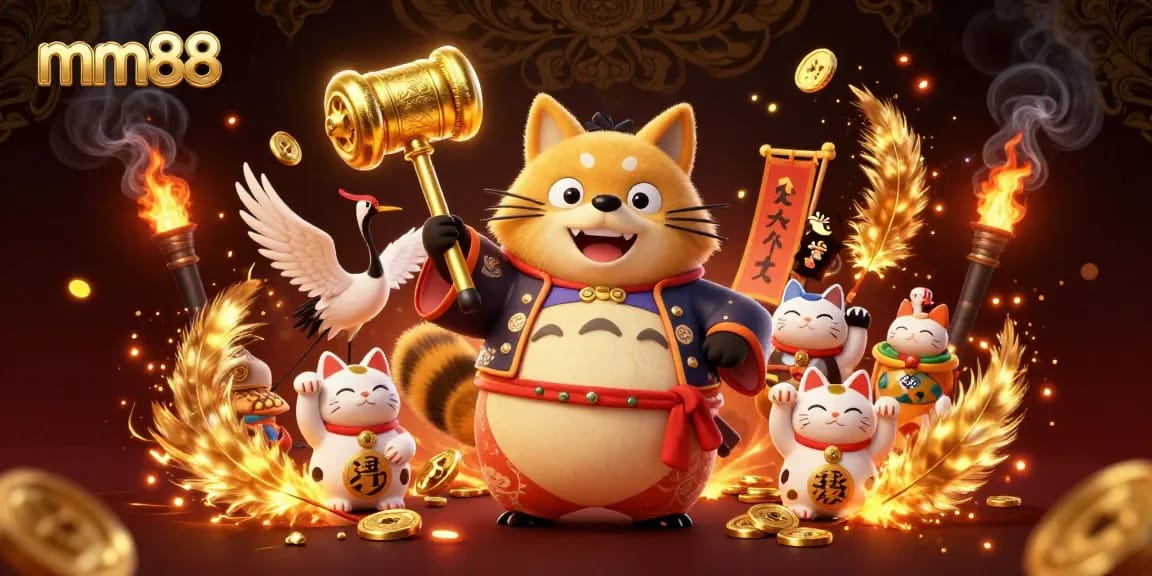 Experience vibrant gameplay at mm88 with cheerful tanuki and lucky symbols in an immersive casino scene.