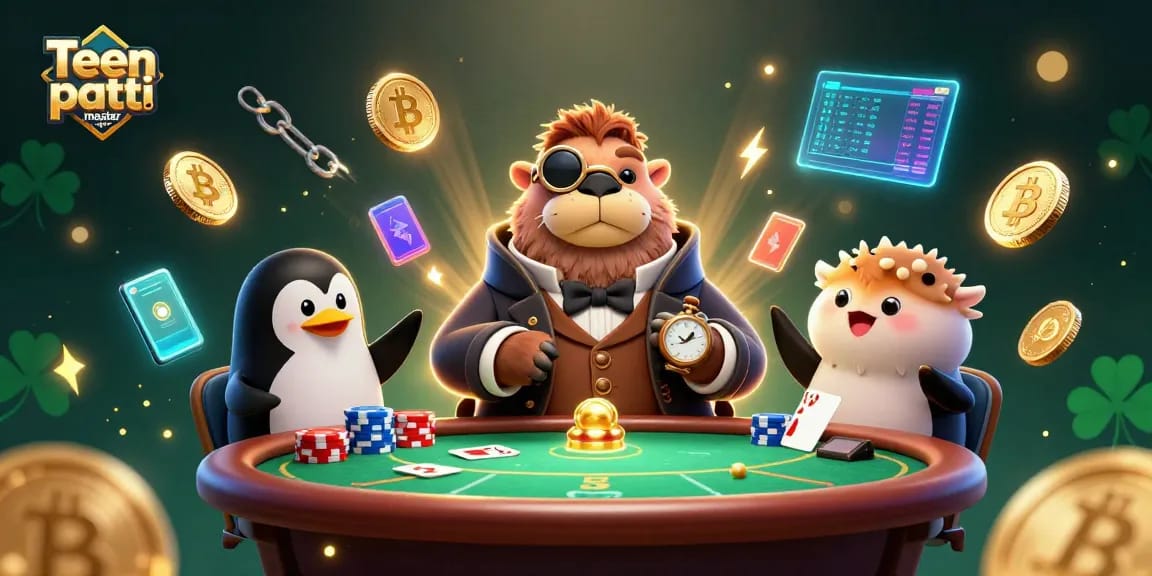 Engage with Teen Patti Master APK at a virtual poker table with characters and crypto elements.