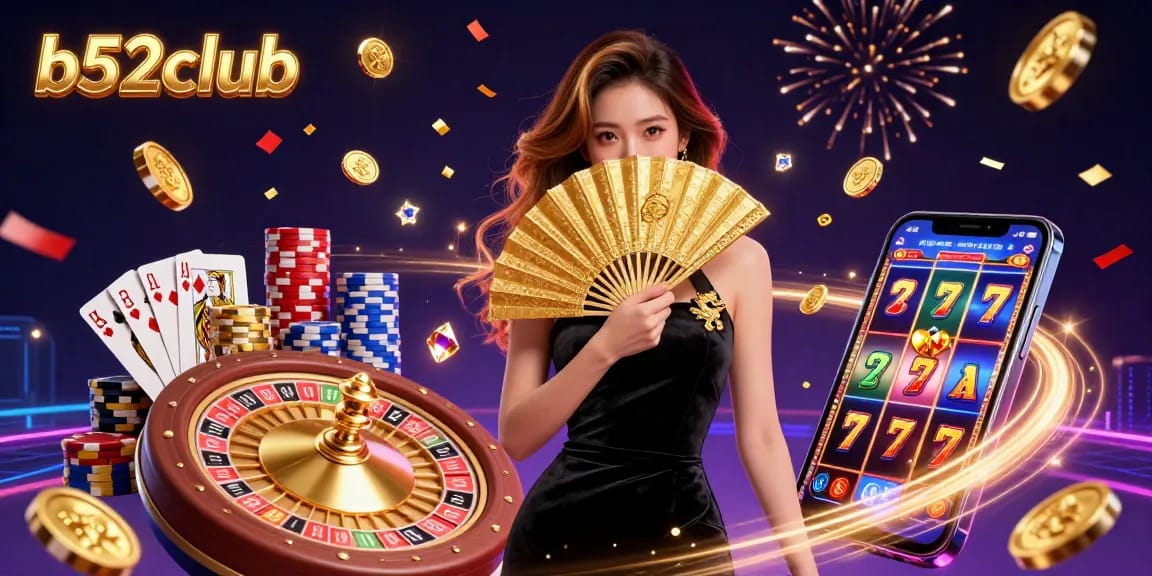 Experience thrilling gameplay at b52club with an ornate Asian woman amidst golden treasures in a casino.