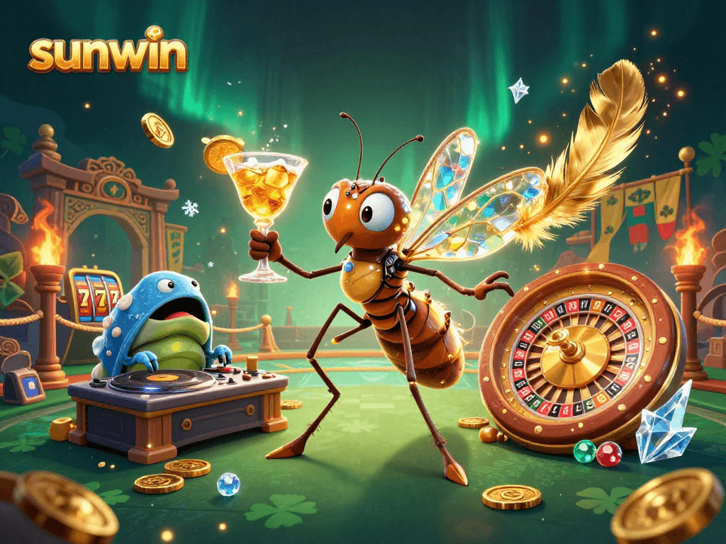 Experience the thrill of sunwin gameplay with a lively casino mascot and dynamic scene.