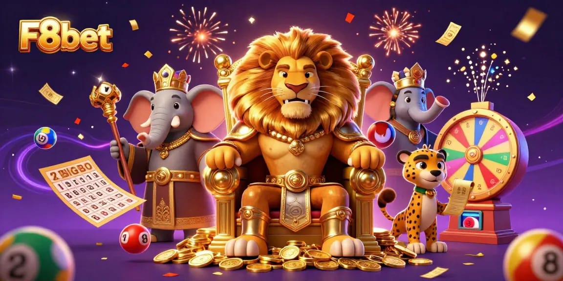 Engage with F8bet's vibrant casino world as a lion king rules over colorful lottery games and thrill.