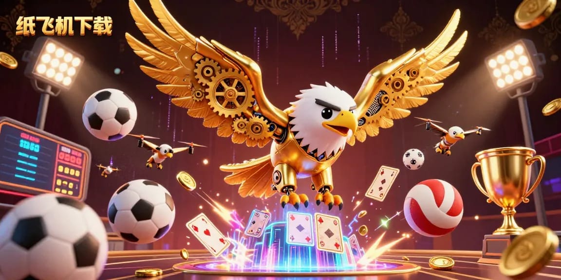 Experience the excitement of 纸飞机下载 with a cybernetic eagle soaring through a dynamic casino scene.