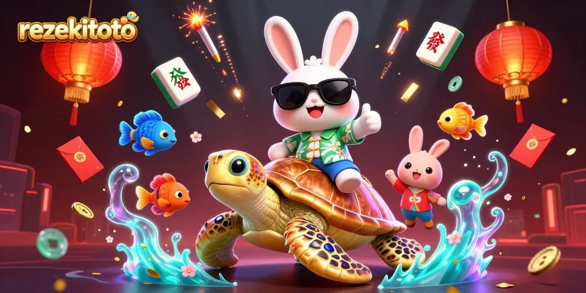 Experience the excitement of rezekitoto with a lucky rabbit and golden sea turtle in a vibrant lottery scene.