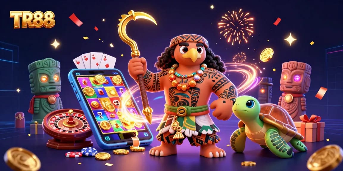 Experience exciting gambling with TR88 at a vibrant casino-themed illustration.