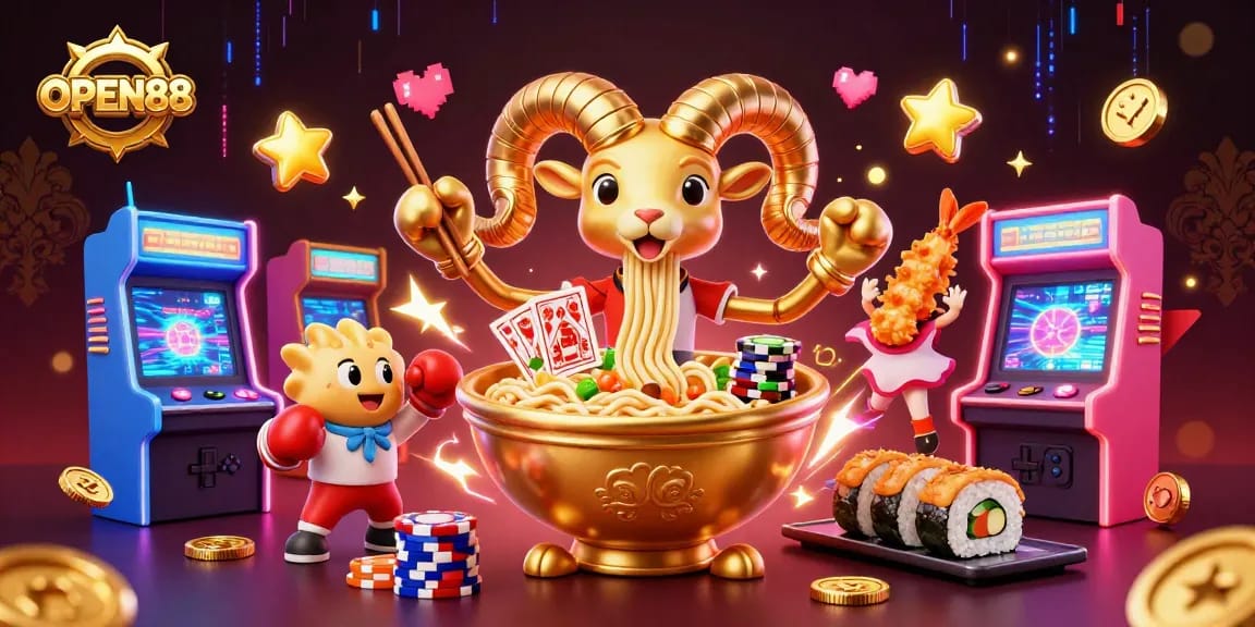 Experience thrilling games at OPEN88, where cartoon characters depict a colorful casino atmosphere.