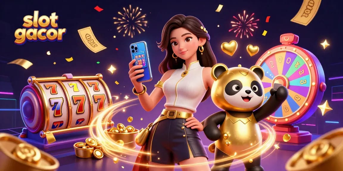 Engage in slot gacor action with a vibrant casino setup, featuring spinning reels and golden jackpots.