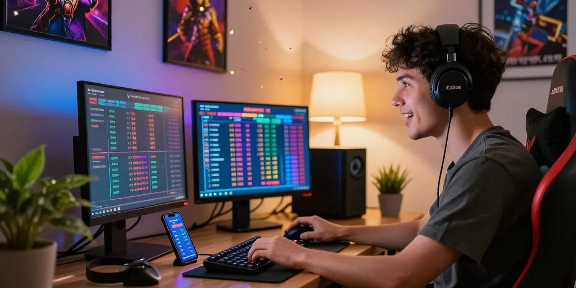 Excited player engaging with Link Alternatif Togel88 in a lively gaming environment, showcasing modern home office details.