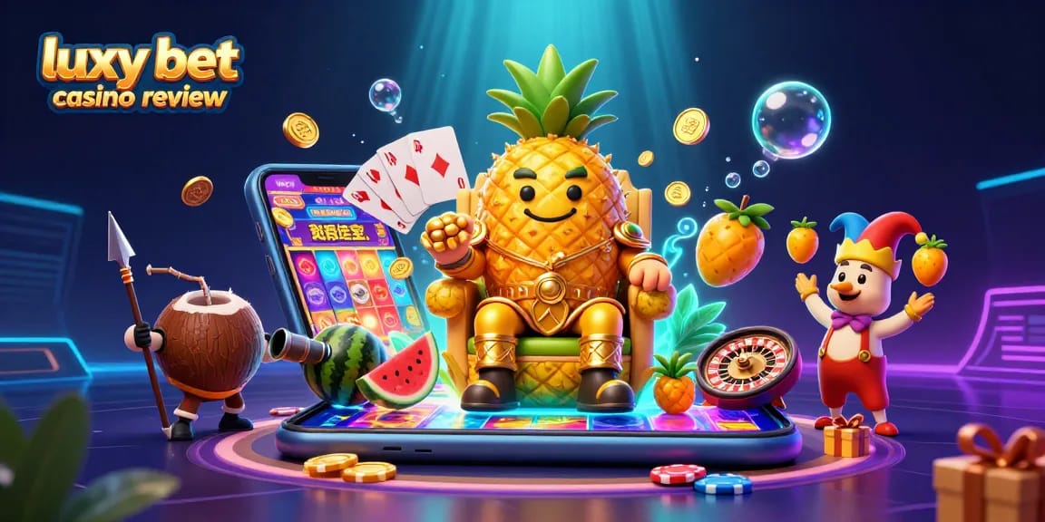 Experience the excitement of the luxy bet casino review with a vibrant 3D scene featuring a golden pineapple king and gaming action.