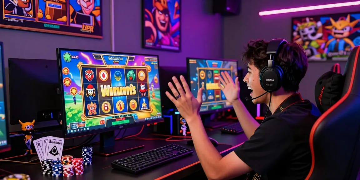 Exciting online gaming moment on pajaktoto with vibrant slot game visuals and enthusiastic player reaction.