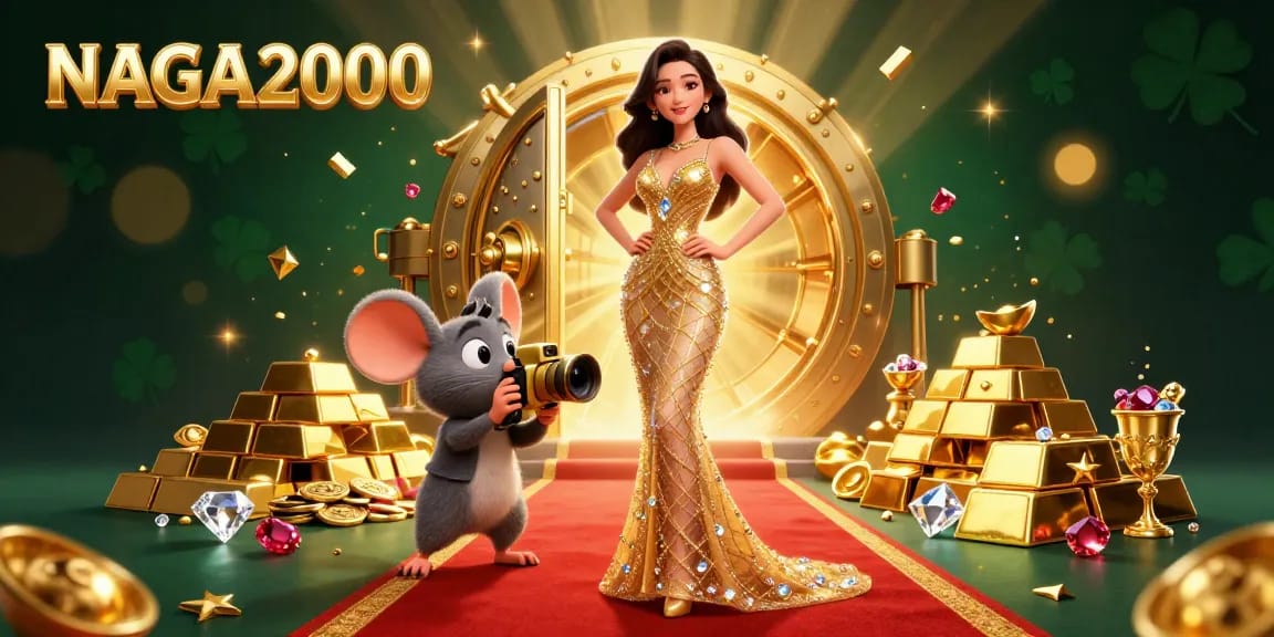 NAGA2000 mempersembahkan ilustrasi 3D yang menakjubkan menampilkan karakter glamor di tengah harta karun kasino.
