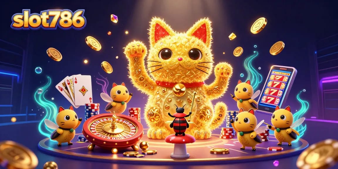 Engage with slot786, where golden fireflies form a lucky cat amidst a dynamic casino scene.