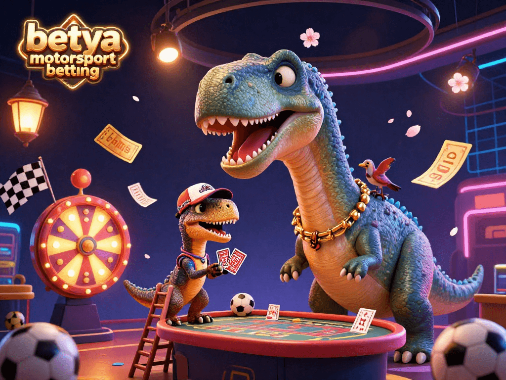 Engage with betya motorsport betting through lively 3D illustration showcasing vibrant sports betting elements.