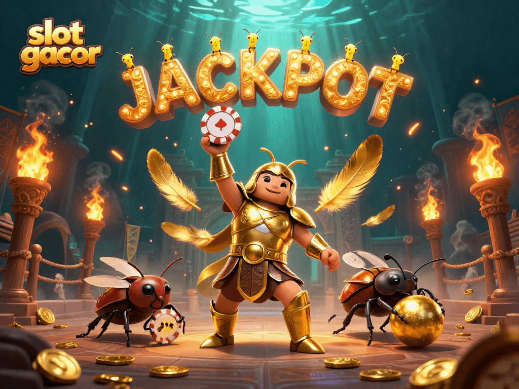 Menggenggam slot gacor, kumbang hercules berdiri bangga dengan chip poker, dikelilingi cahaya jackpot yang bersinar.