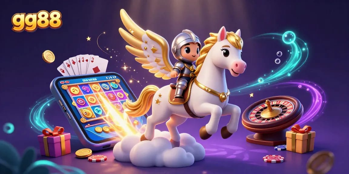 Experience the thrill at gg88 with a winning knight riding a celestial horse among casino games.