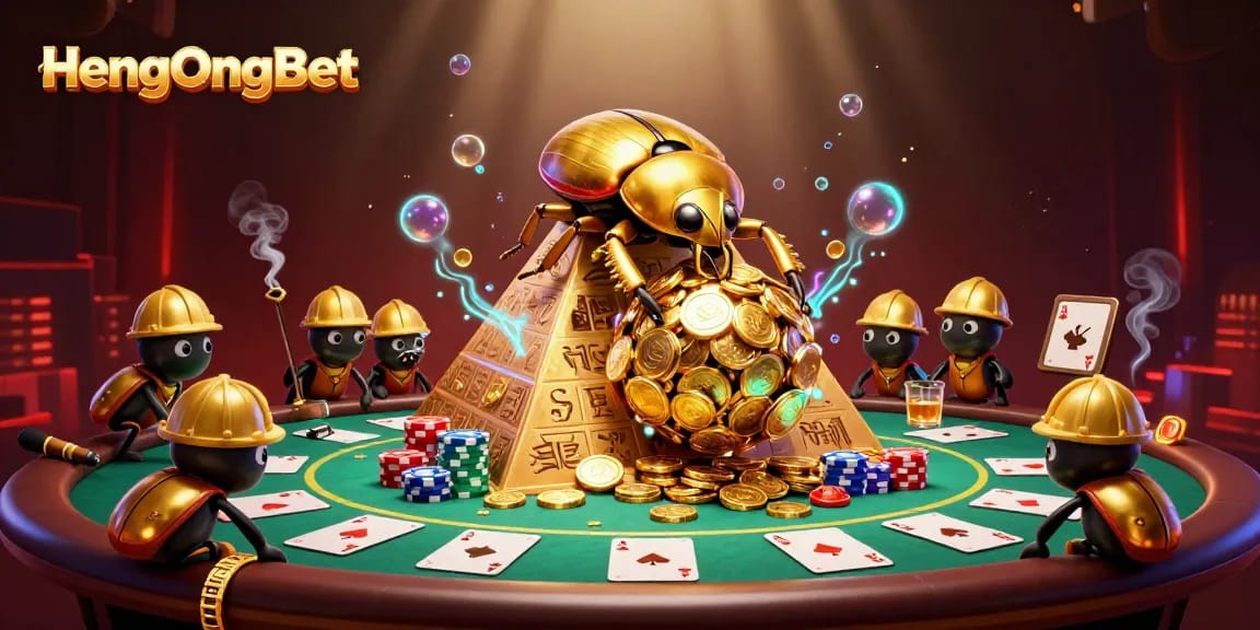 Experience HengOngBet's golden beetle leading the casino adventure amid dynamic gambling elements.