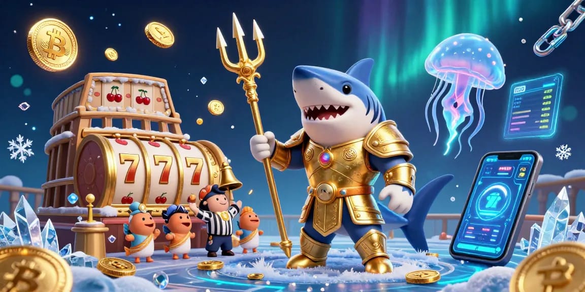 dacsandatphanrang showcases a thrilling 3D casino scene with a fierce tiger shark, glowing crypto coins, and vibrant slot elements.