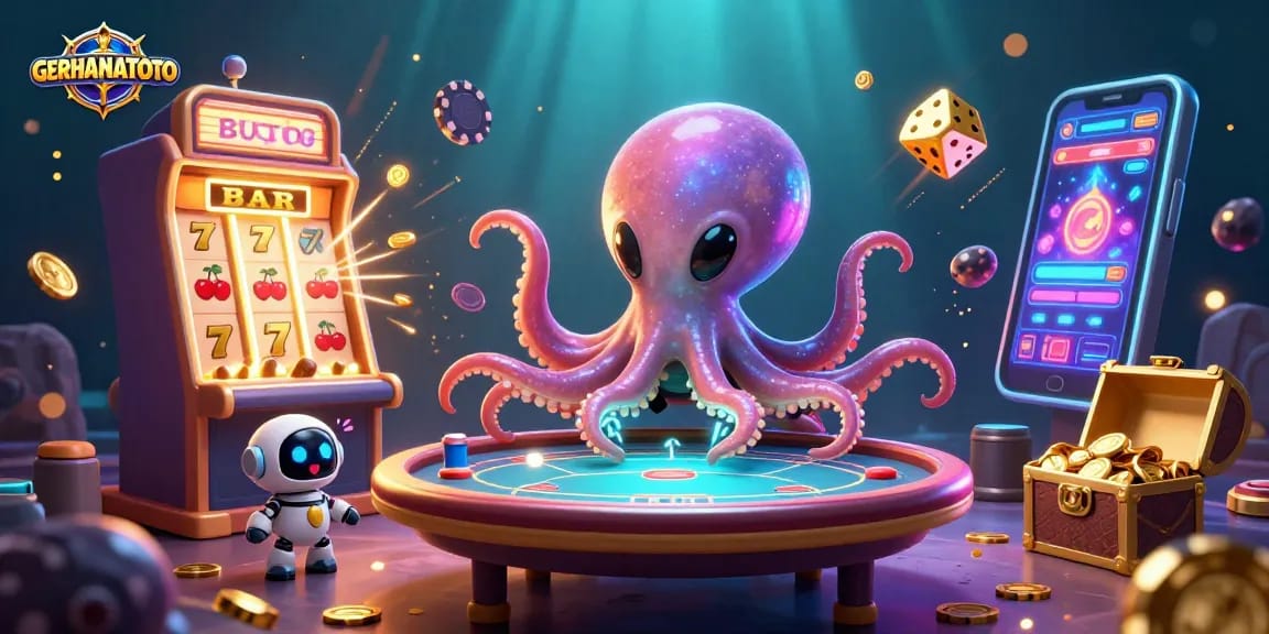 GERHANATOTO menghadirkan keseruan permainan lotere dengan karakter kartun alien dan mesin slot bertaburan harta.