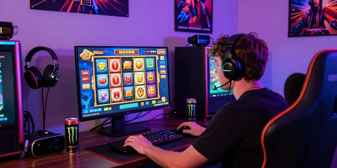 Pengalaman slot gacor hari ini dengan pemain terlibat di desktop, suasana gaming yang energik.