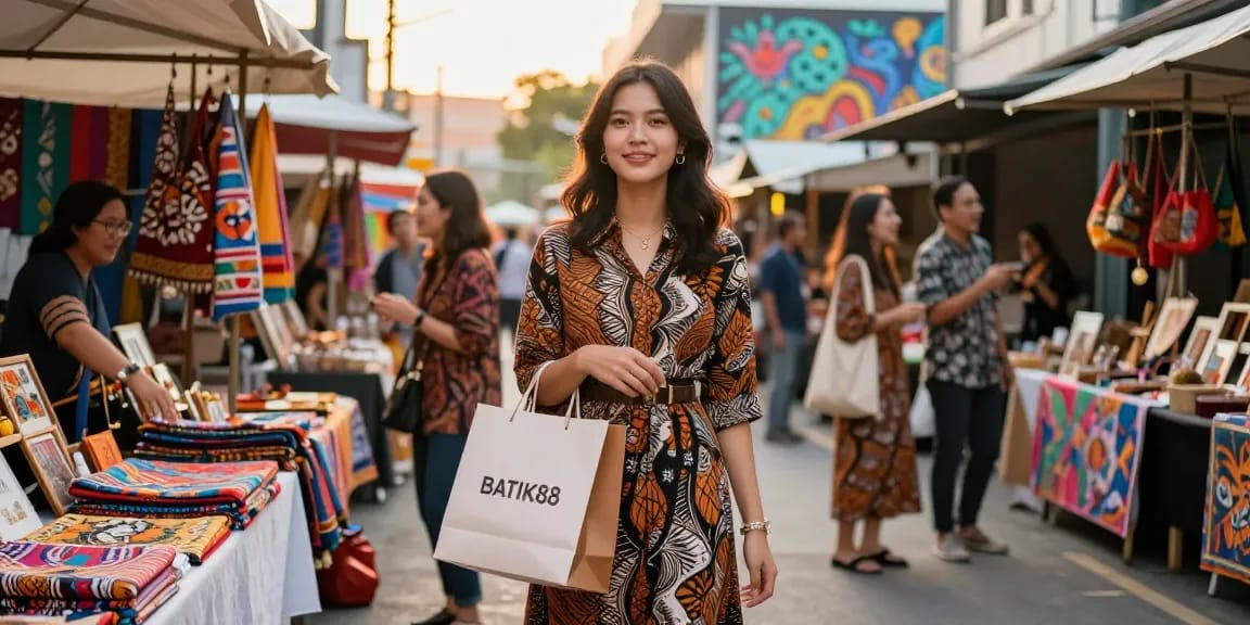 BATIK88 dalam suasana pasar urban, wanita muda mengenakan gaun batik bergaya.