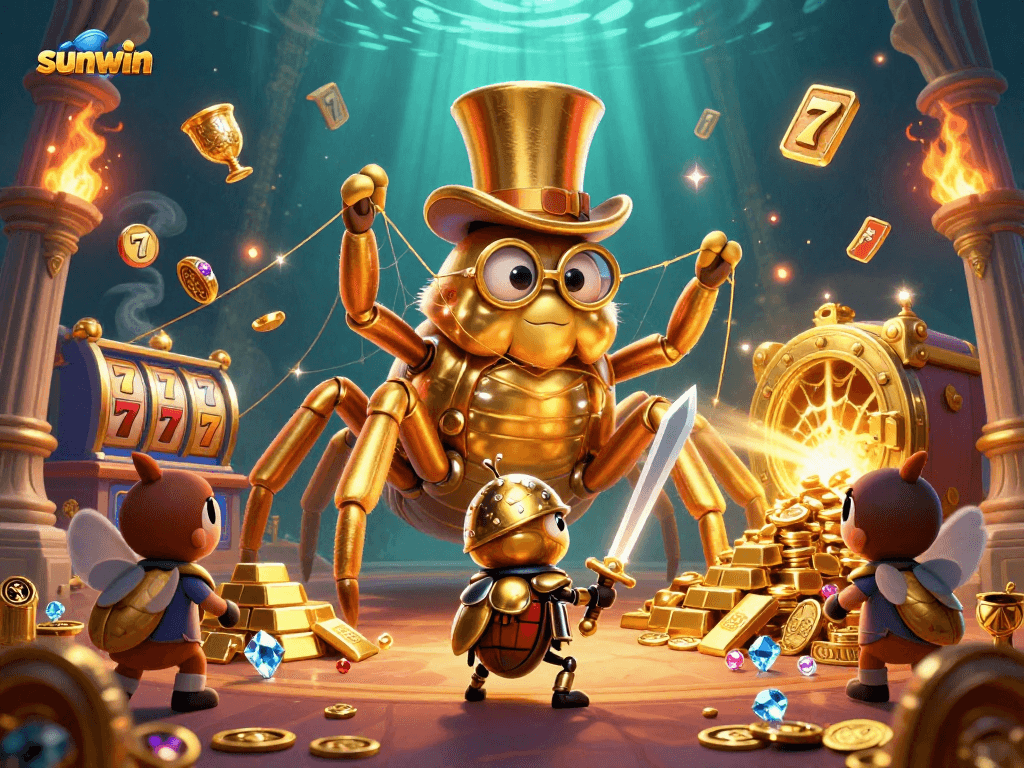 Experience the thrilling adventures at sunwin with a giant golden tarantula and brave beetle knight.