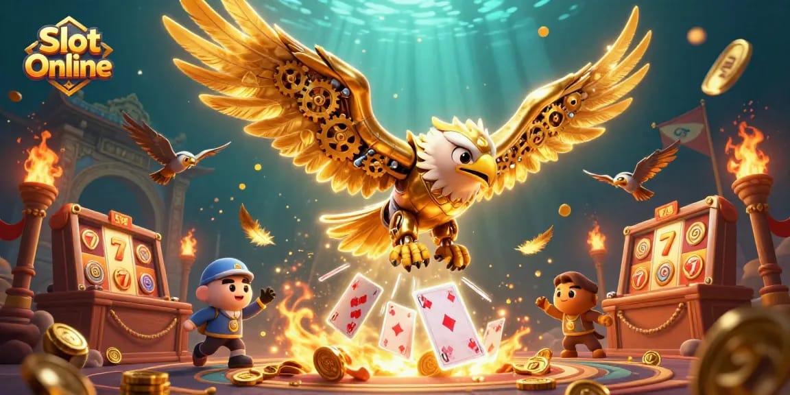 Spin lucky reels in this vibrant Slot Online illustration with a golden eagle and holographic cards.
