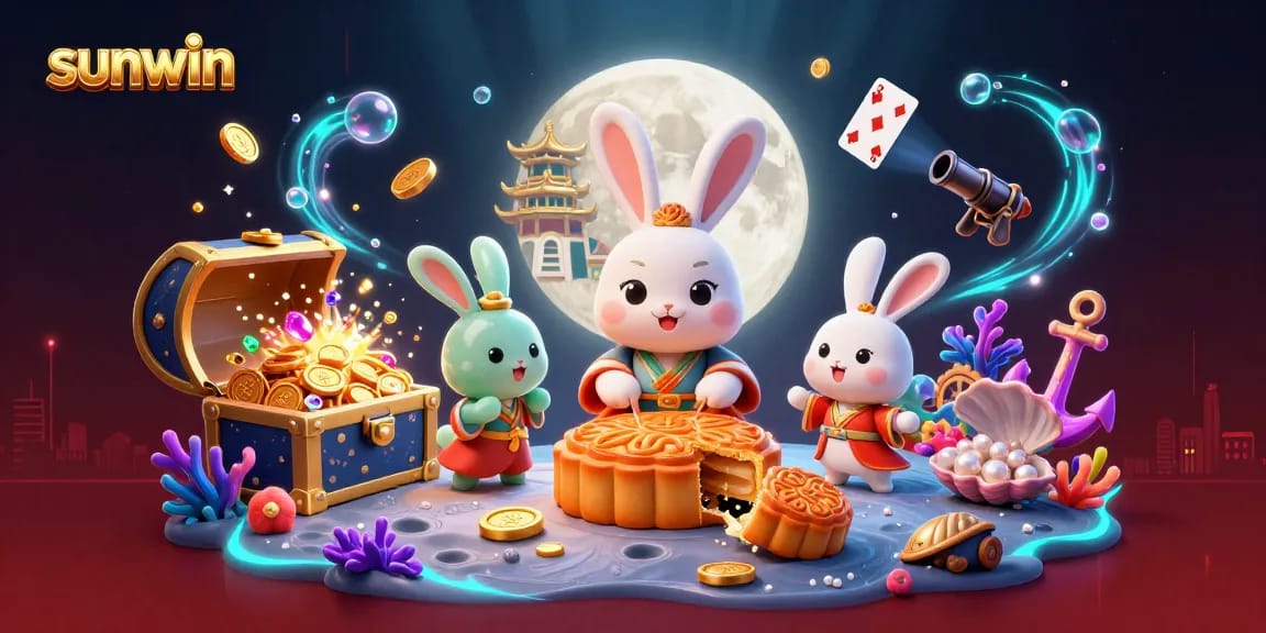 Experience thrilling casino action with Sunwin, featuring playful rabbit characters surrounded by golden treasures and vibrant gaming elements.