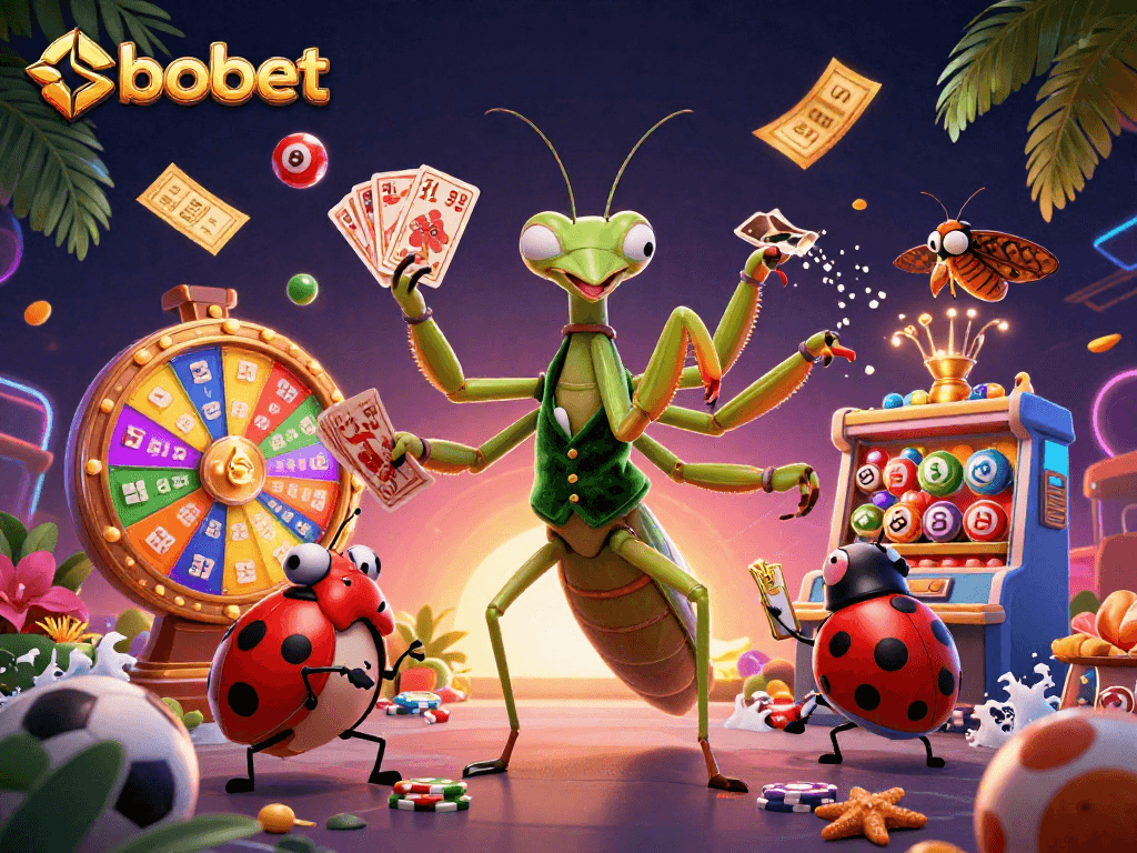 SBOBET sports betting action with a lively mantis dealer, lottery elements, and a vibrant casino atmosphere.
