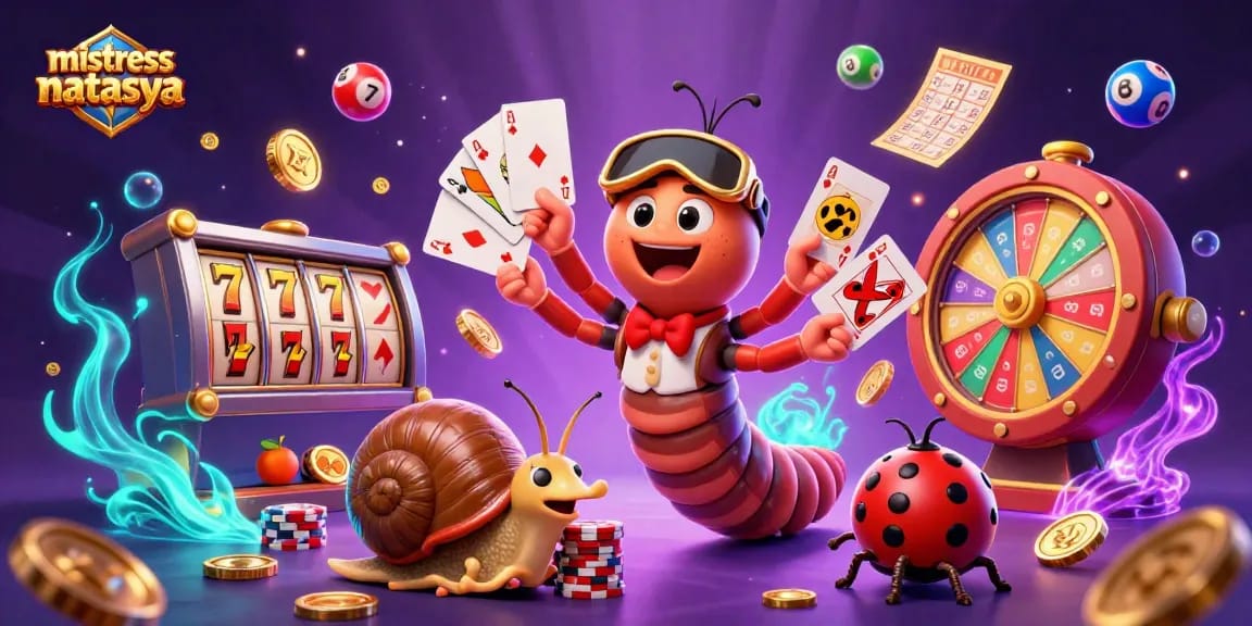 Mistressnatasya illuminates the gaming scene with vibrant slot elements and dynamic characters in a colorful casino ambience.