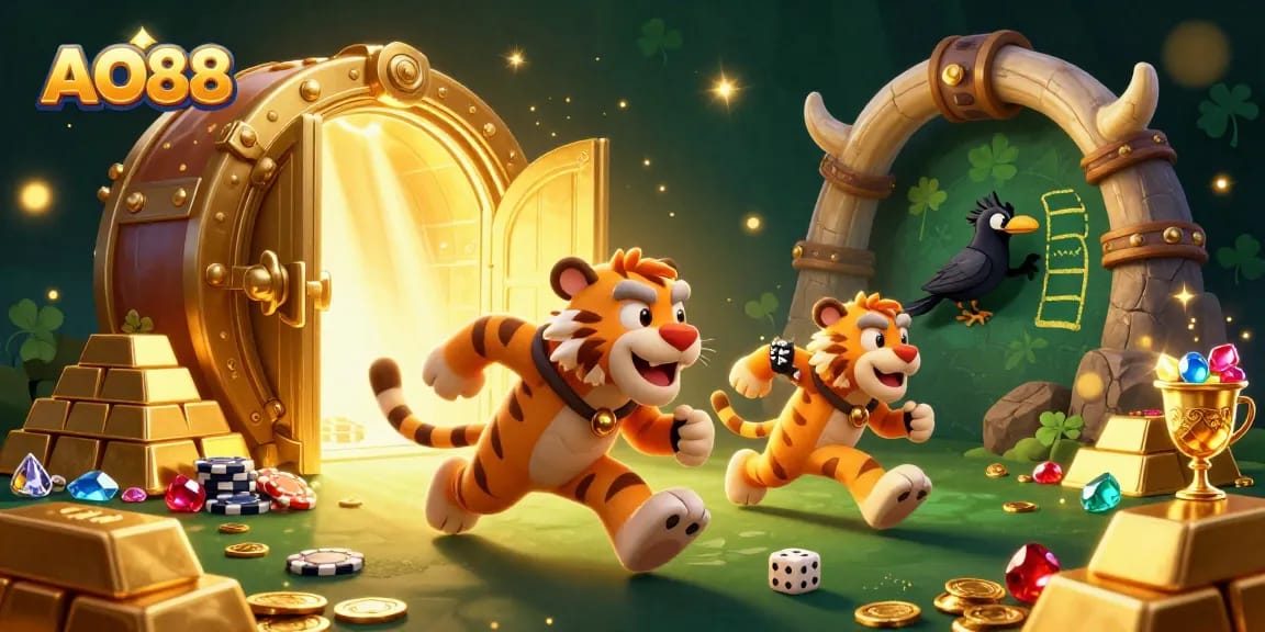Experience thrilling gameplay at AO88 with a whimsical prehistoric casino scene featuring cavemen and treasures.