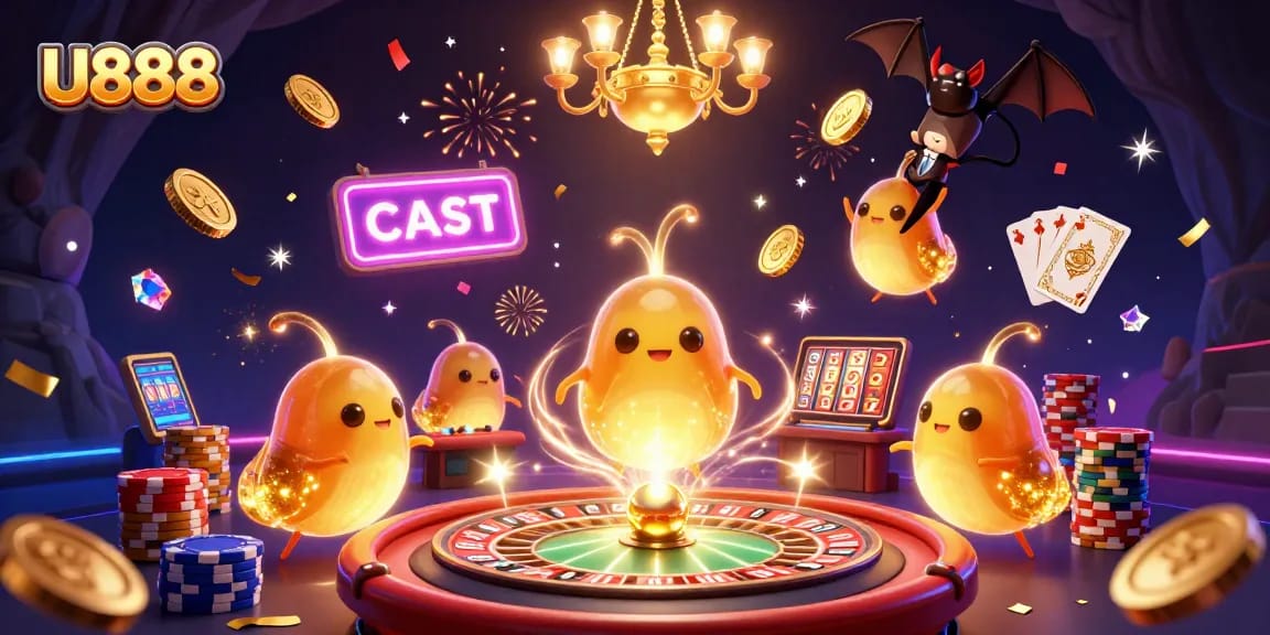 Experience the excitement of U888 with lively glowworms lighting a vibrant casino scene.