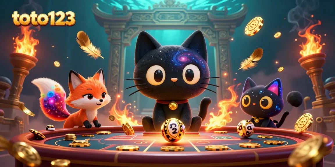 Toto123 harnesses luck with a cosmic cat absorbing lottery balls at a vibrant casino table.
