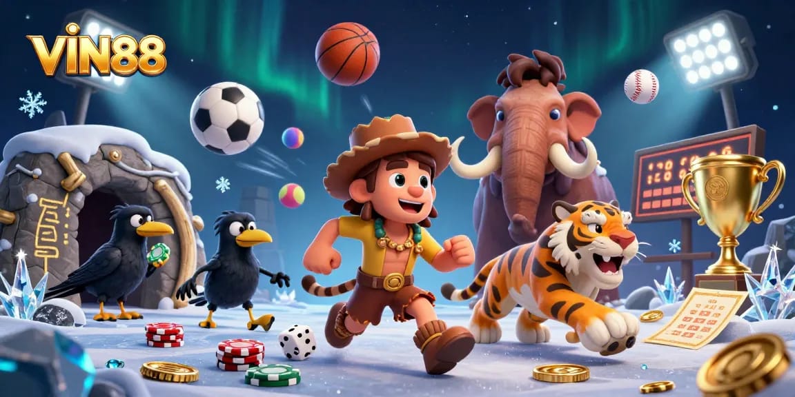 Engage in thrilling sports betting action at VIN88 with immersive visuals of cavemen and tiger