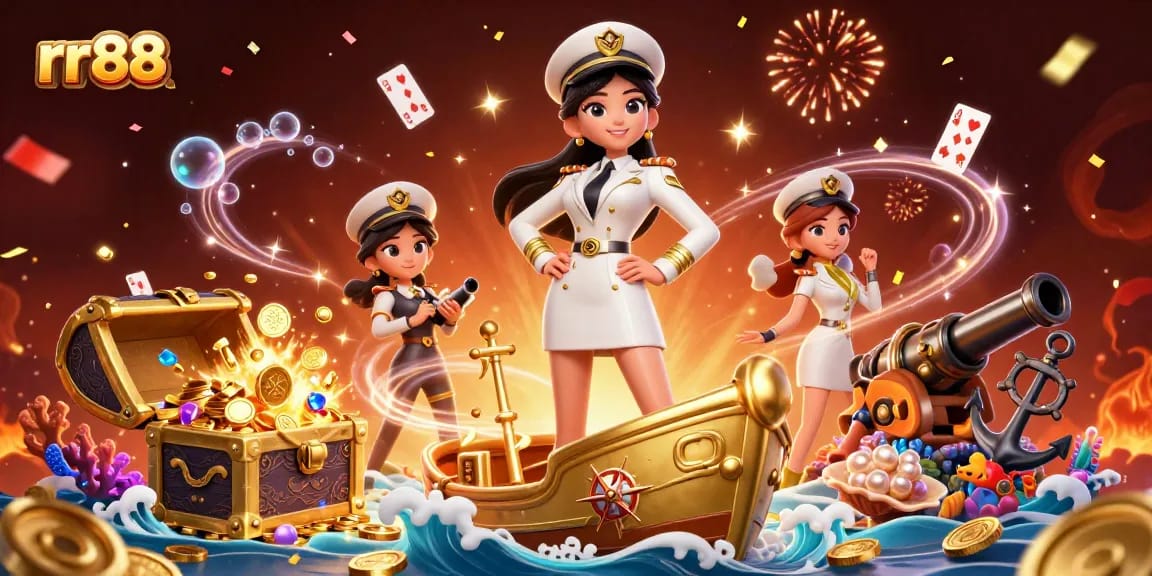 Win big with RR88, showcasing an elaborate online casino scene with games and treasure.