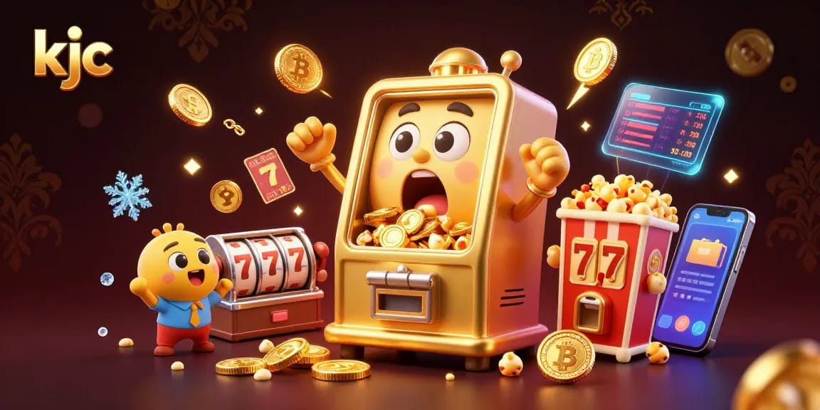 Join the excitement with kjc as slot machines celebrate jackpot wins amid glowing crypto coins.