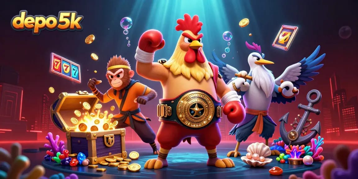 Mainkan depo 5k dengan slot gacor, simbol keberuntungan, dan karakter menarik dalam ilustrasi kasino.