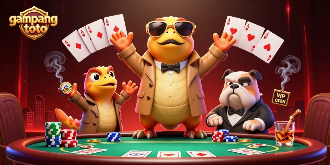 Ruang VIP yang unik dengan gampangtoto, tiga raptor dalam jas, sambil memasuki kasino.