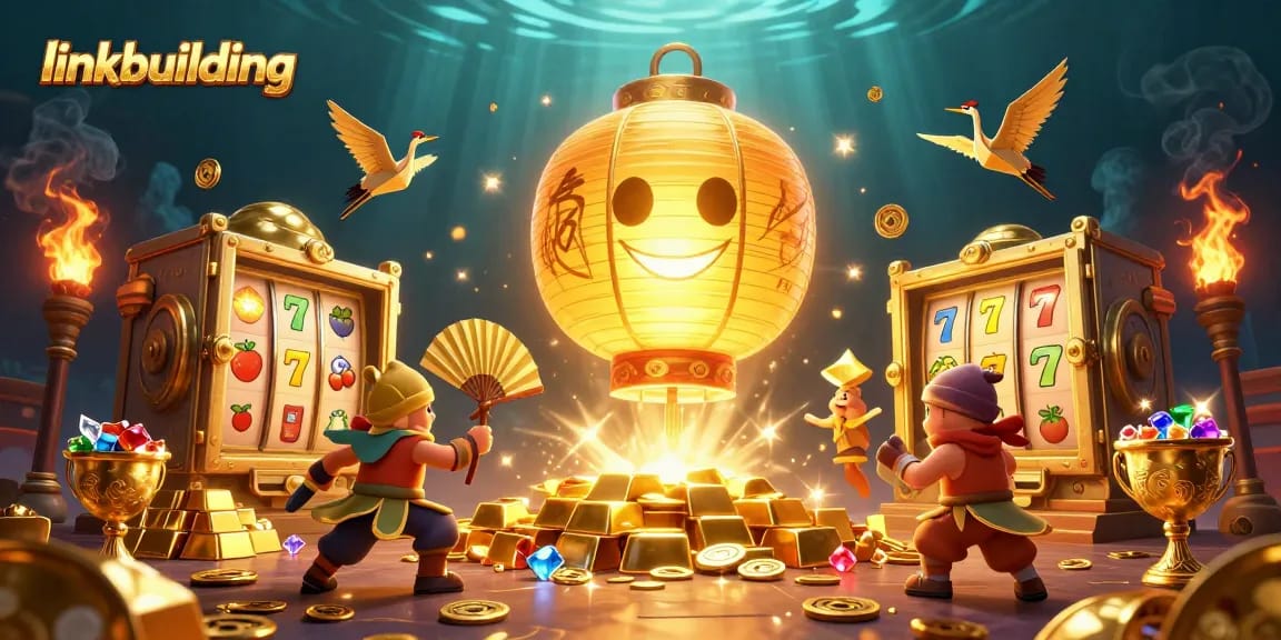 Engage in linkbuilding strategies with vibrant golden casino elements and winning symbols.