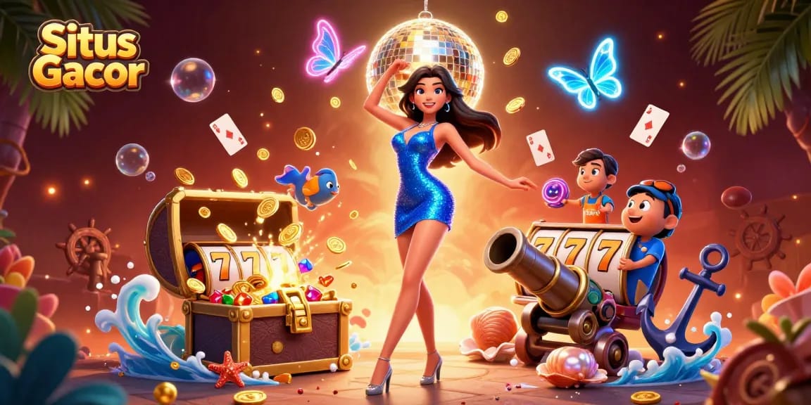Situs Gacor showcases a glamorous woman dancing amid vibrant slot elements and shimmering treasures.