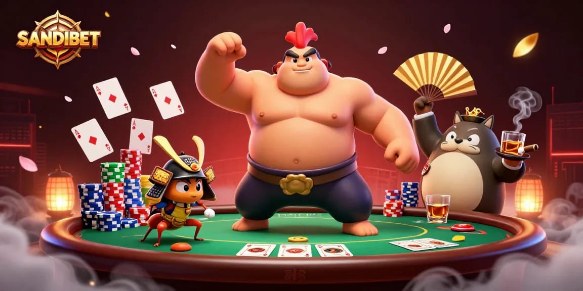 SANDIBET showcases an exciting 3D digital illustration of vibrant casino action with cartoon characters.