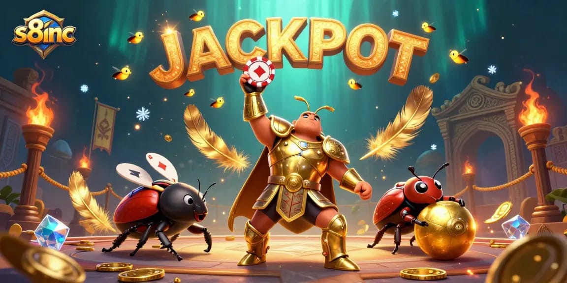 Experience the thrill of winning at s8inc with a dynamic illustration of a victorious beetle in gladiator armor!