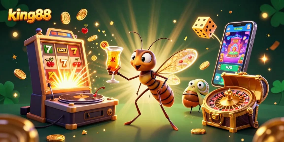 Experience thrilling wins at king88 with a vibrant casino-themed illustration displaying energetic characters and game elements.