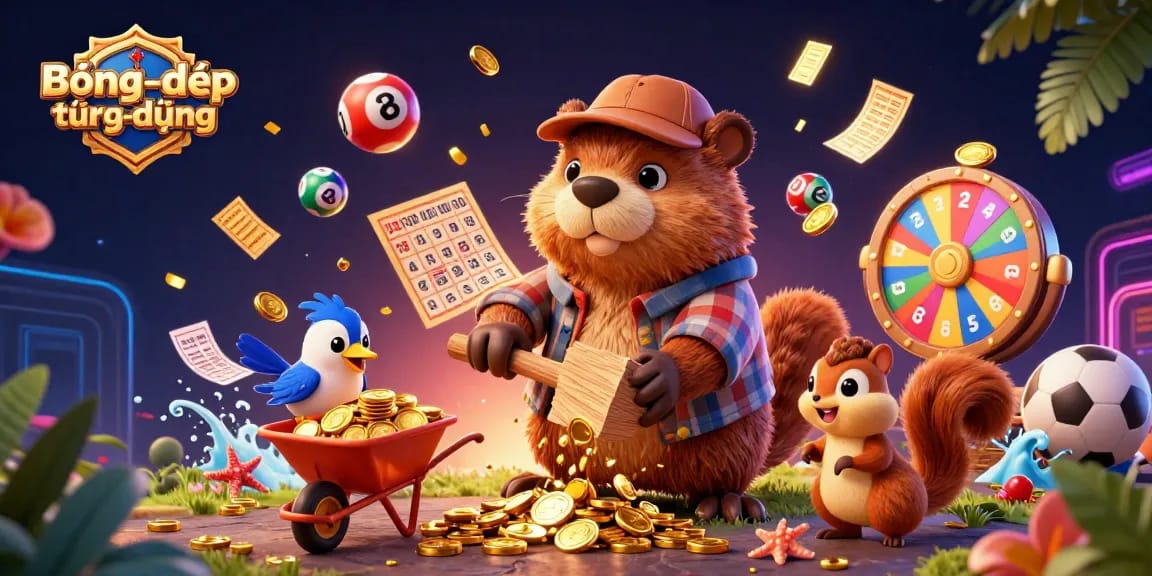 Engage with Bóngđátrựctiếpứngdụng featuring cartoon characters amidst an explosive sports betting scene.