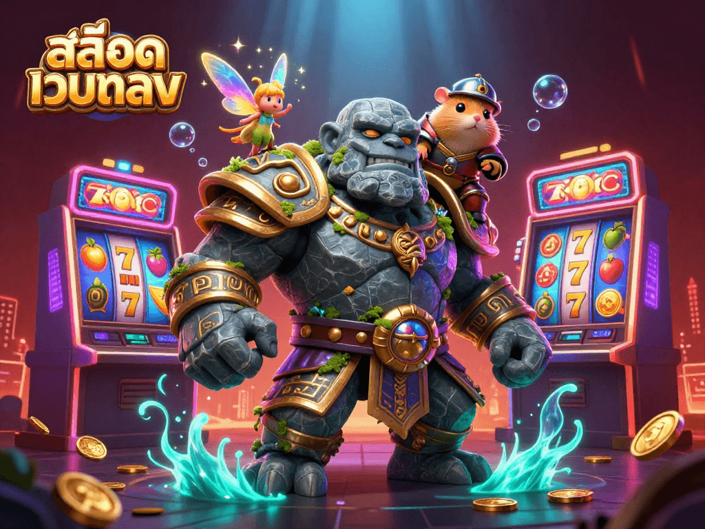 Engage in สล็อตเว็บตรง gaming with a lively illustration featuring a stone golem, fairy, and hamster knight.